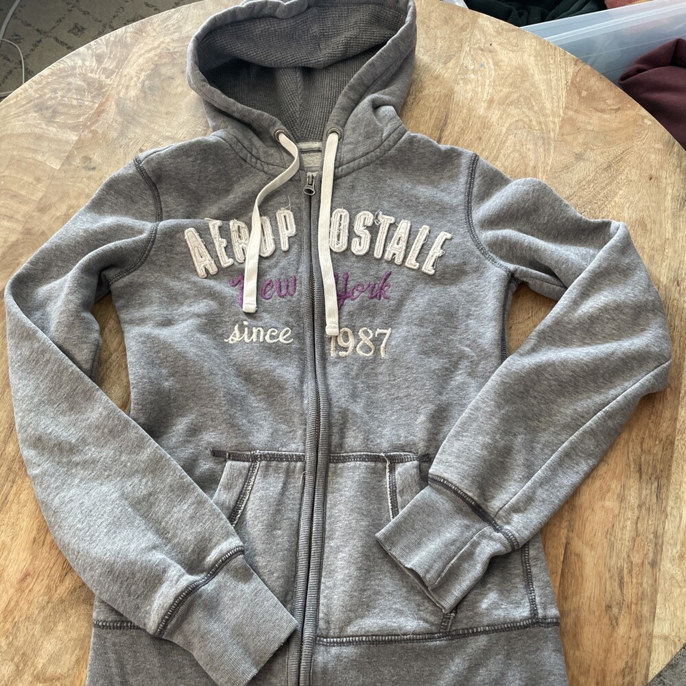 Y2K Vintage Aeropostale 1987 New York Zip up Hoodie Sweatshirt Gray Women XS